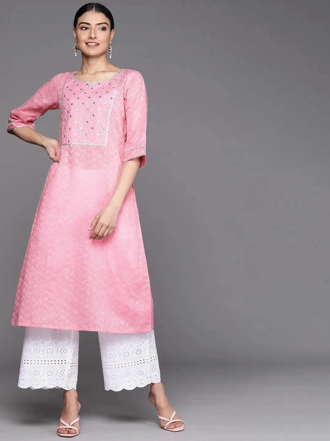 Pink Embroidered Cotton Kurta - Libas