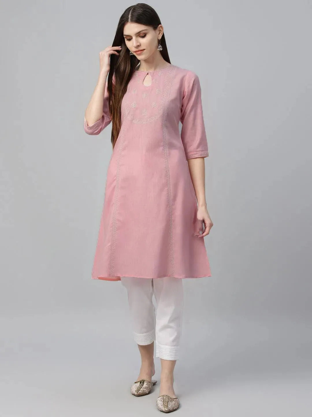 Pink Embroidered Cotton Kurta - Libas