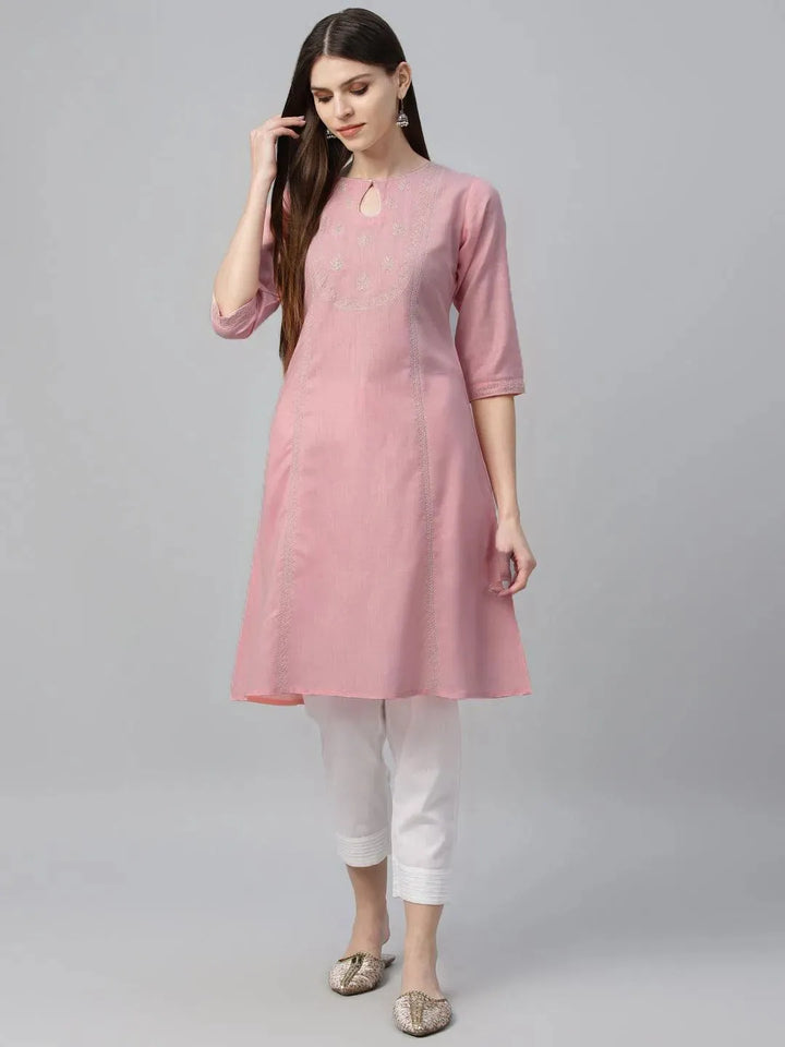 Pink Embroidered Cotton Kurta - Libas