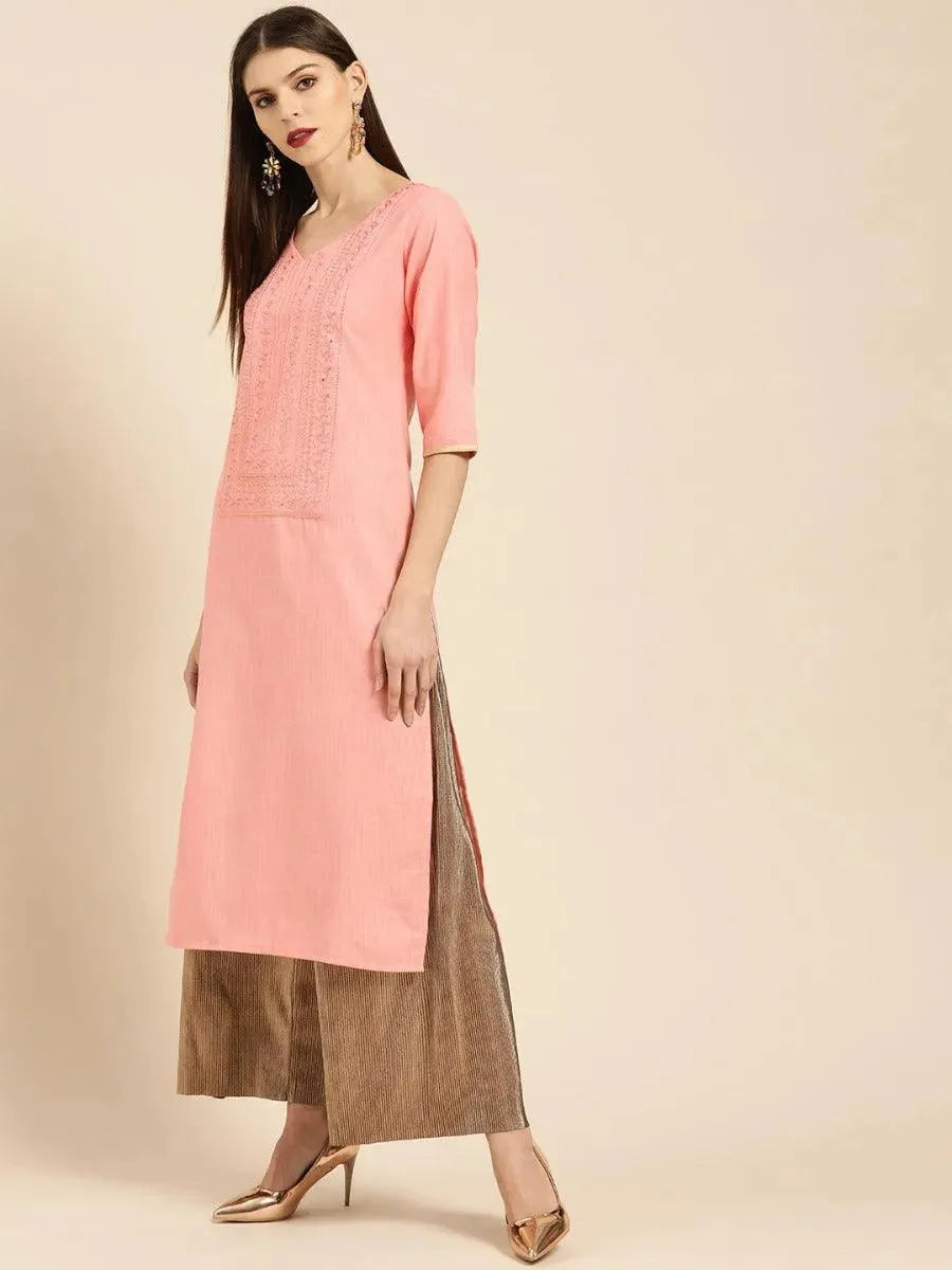Pink Embroidered Cotton Kurta - Libas 