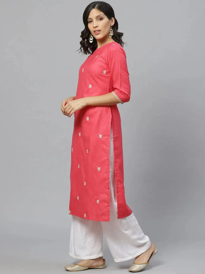 Pink Embroidered Cotton Kurta - Libas