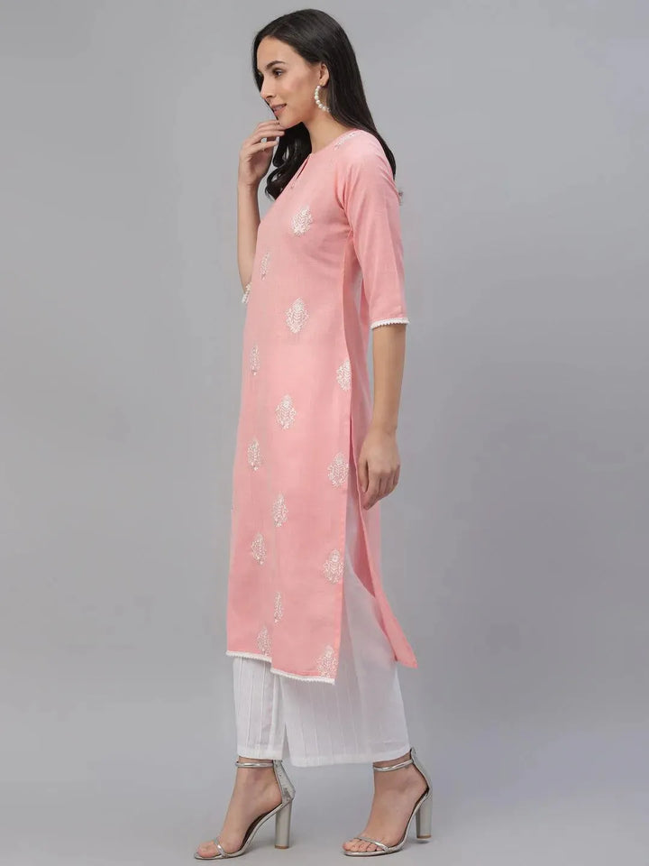 Pink Embroidered Cotton Kurta - Libas