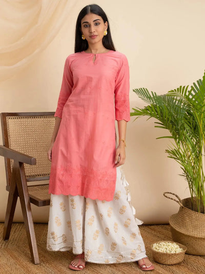 Pink Embroidered Cotton Kurta - Libas