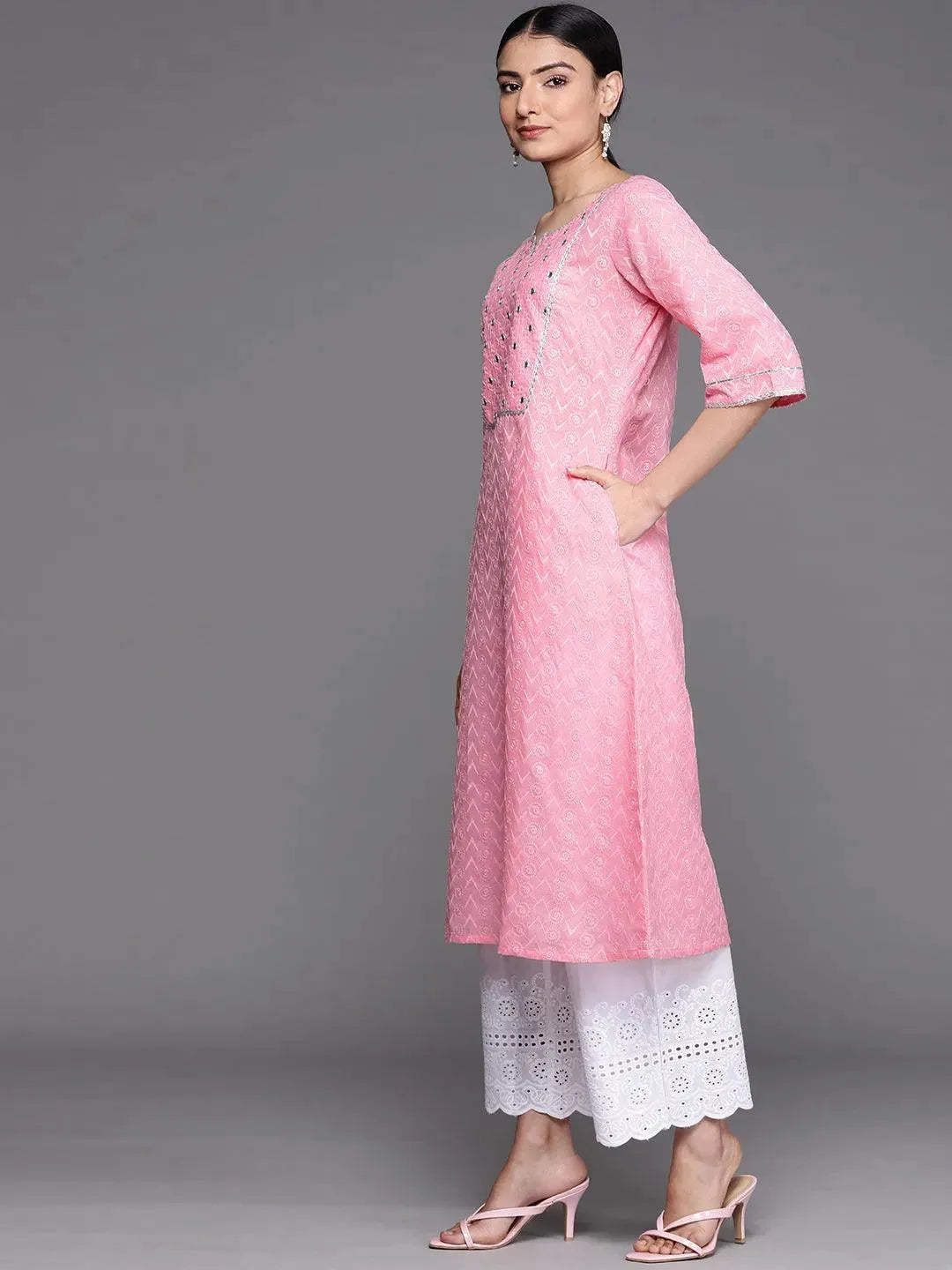 Pink Embroidered Cotton Kurta - Libas 