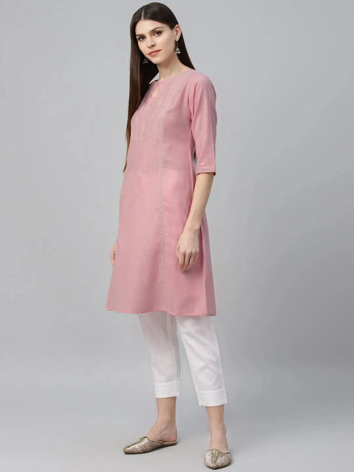 Pink Embroidered Cotton Kurta - Libas
