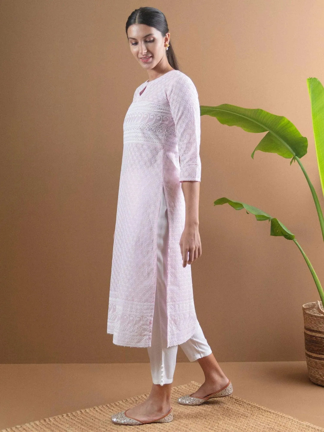 Pink Embroidered Cotton Kurta - Libas 