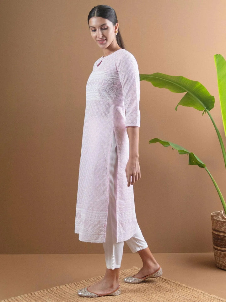 Pink Embroidered Cotton Kurta - Libas