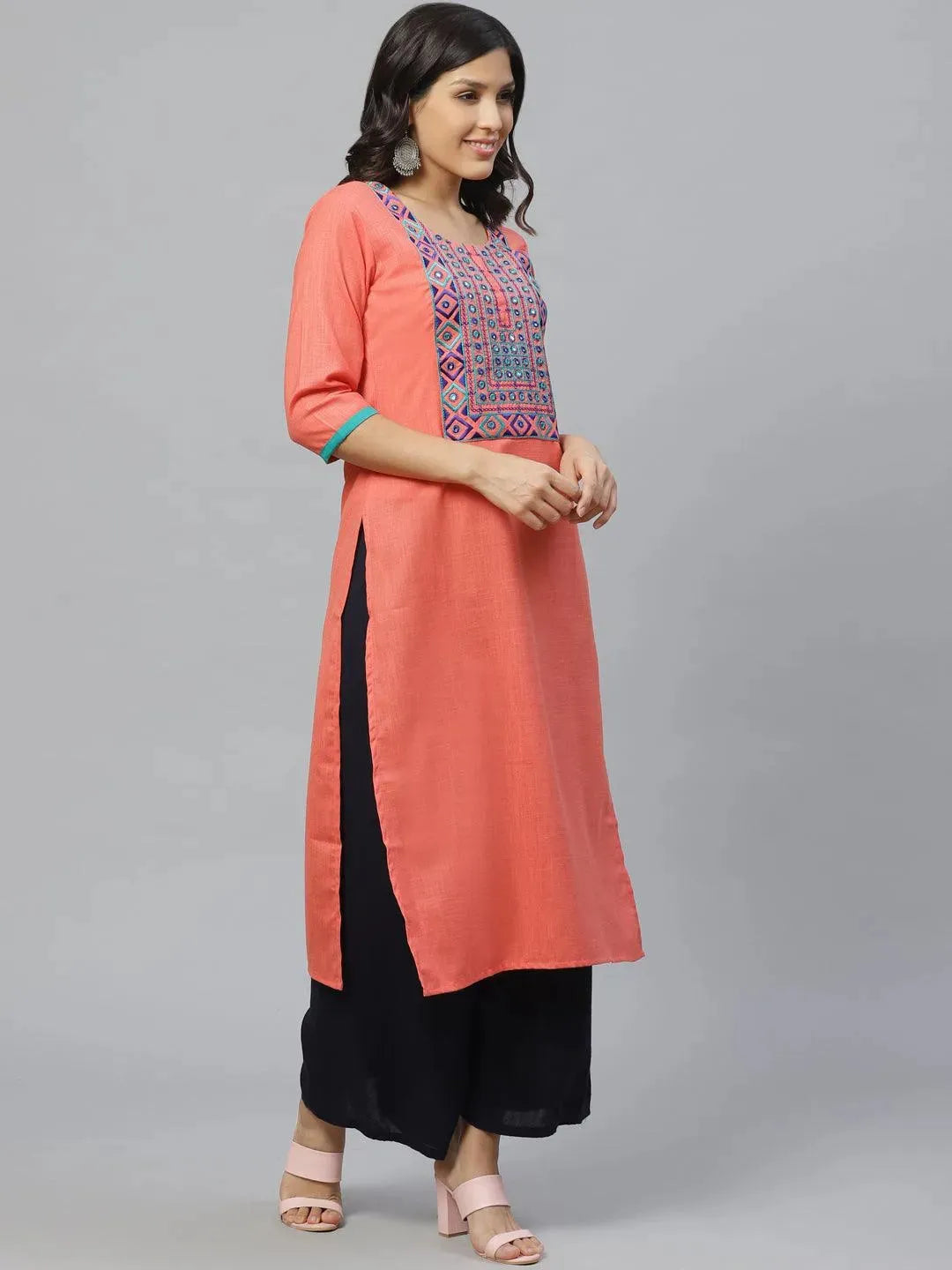 Pink Embroidered Cotton Kurta - Libas