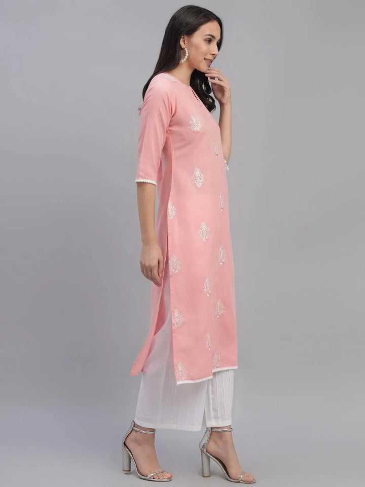 Pink Embroidered Cotton Kurta - Libas