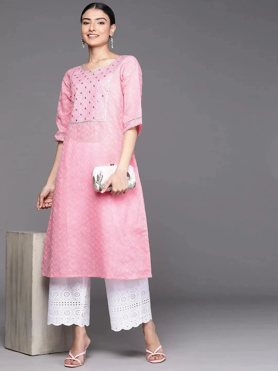Pink Embroidered Cotton Kurta - Libas 