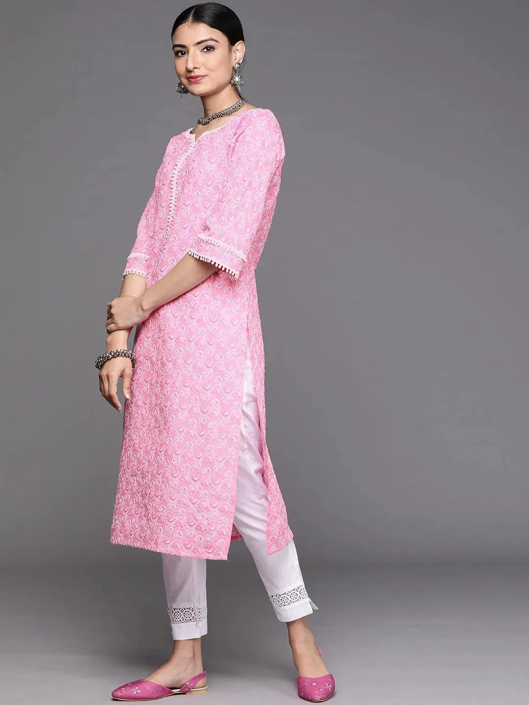 Pink Embroidered Cotton Kurta - Libas