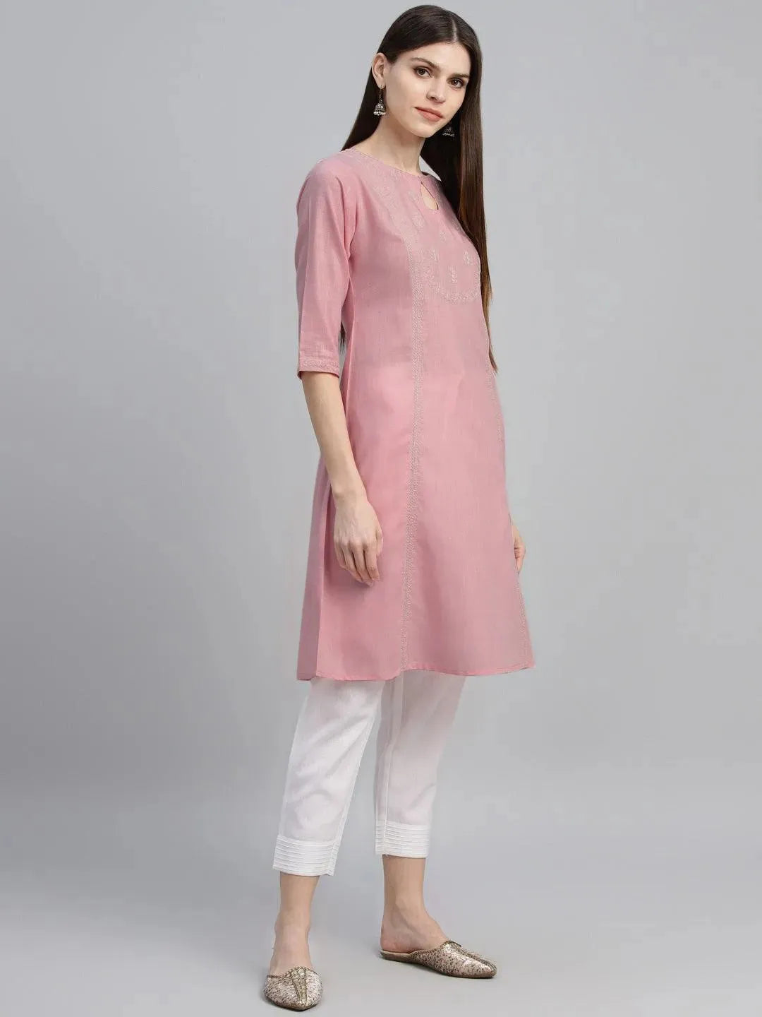 Pink Embroidered Cotton Kurta - Libas 