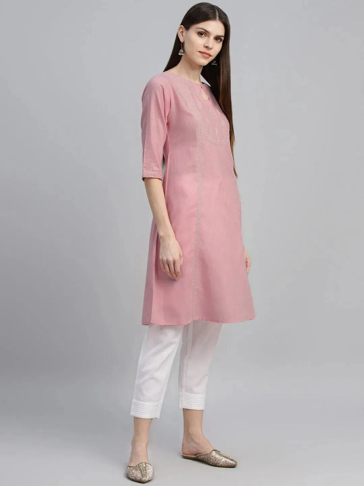 Pink Embroidered Cotton Kurta - Libas