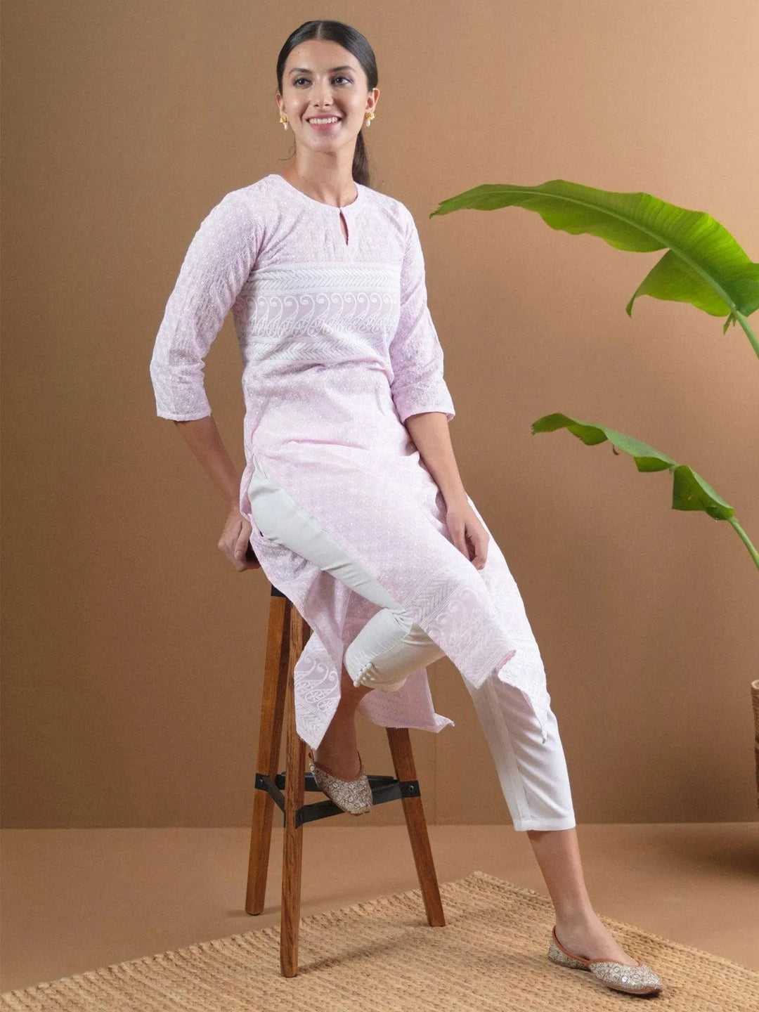 Pink Embroidered Cotton Kurta - Libas