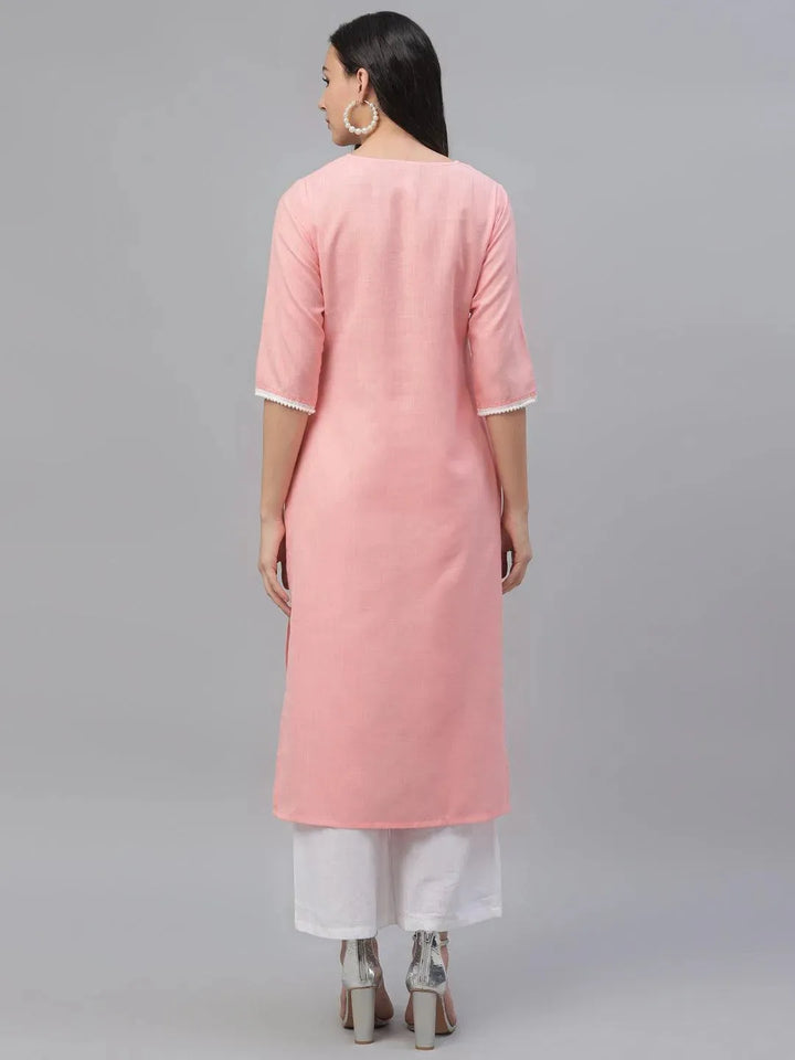 Pink Embroidered Cotton Kurta - Libas