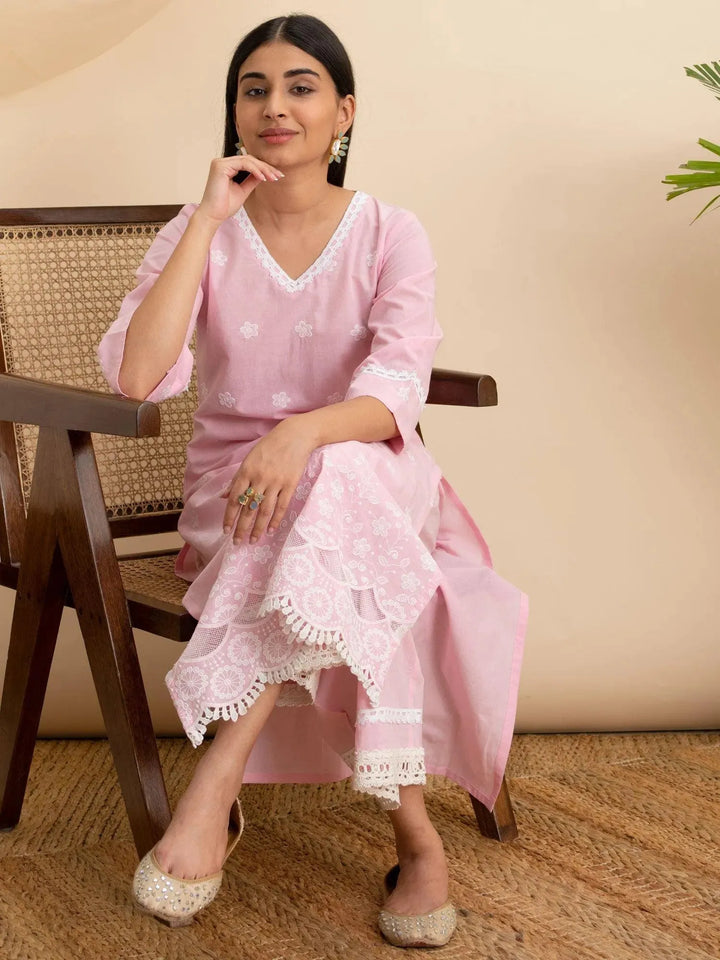 Pink Embroidered Cotton Kurta - Libas