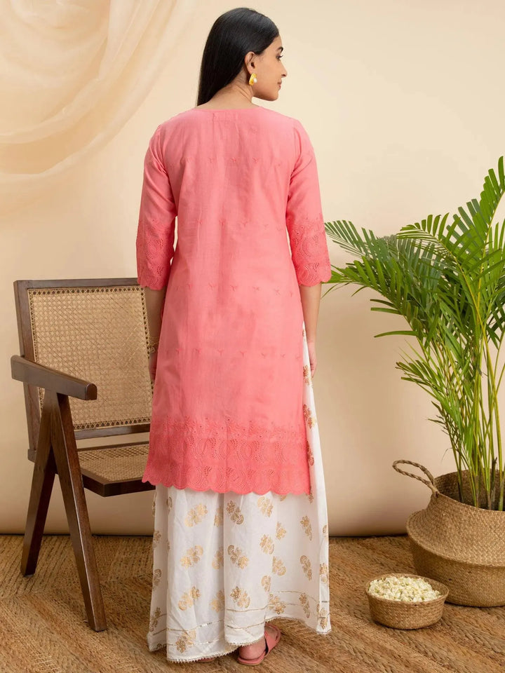 Pink Embroidered Cotton Kurta - Libas