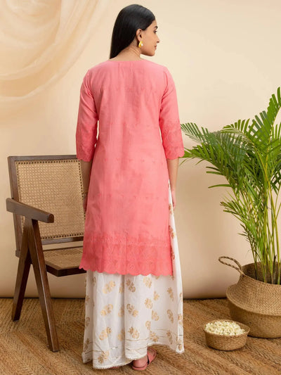 Pink Embroidered Cotton Kurta - Libas