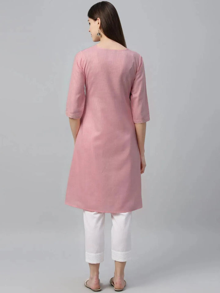 Pink Embroidered Cotton Kurta - Libas