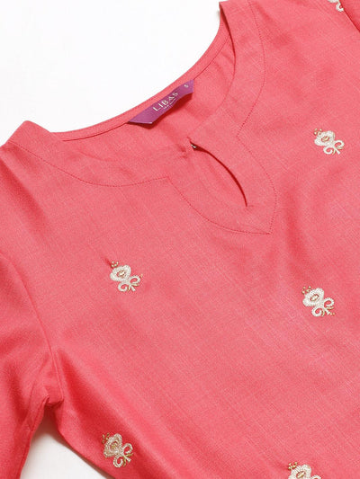 Pink Embroidered Cotton Kurta - Libas