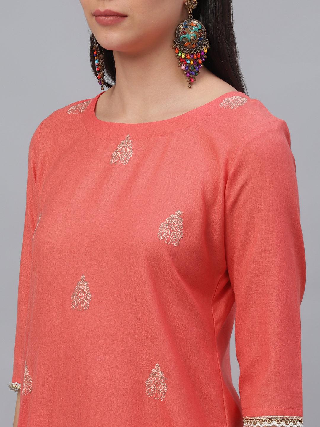 Pink Embroidered Cotton Kurta - Libas