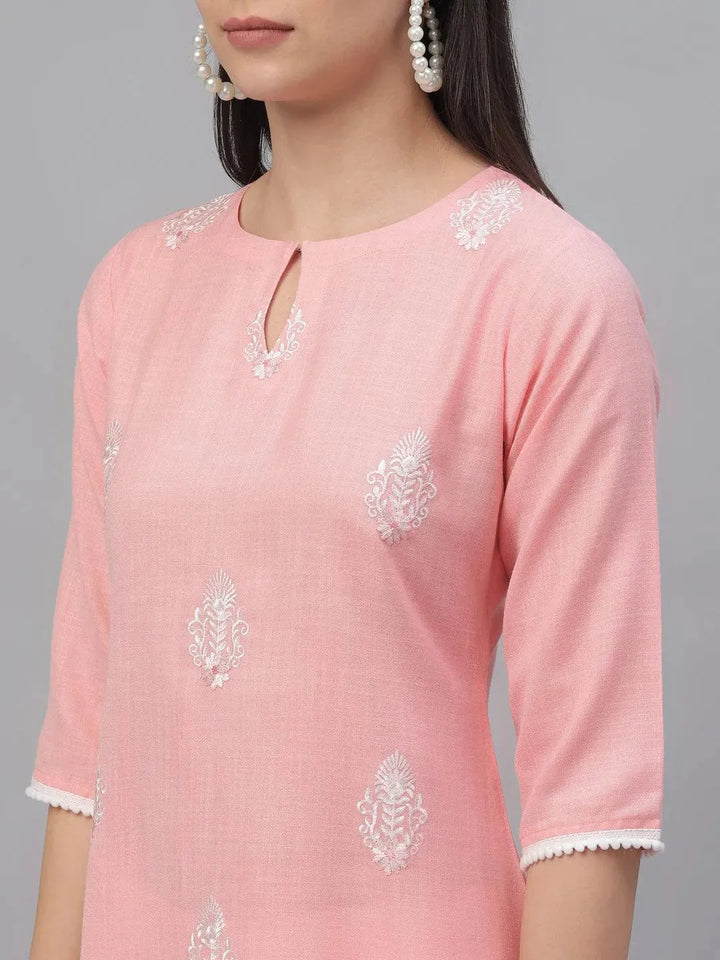 Pink Embroidered Cotton Kurta - Libas