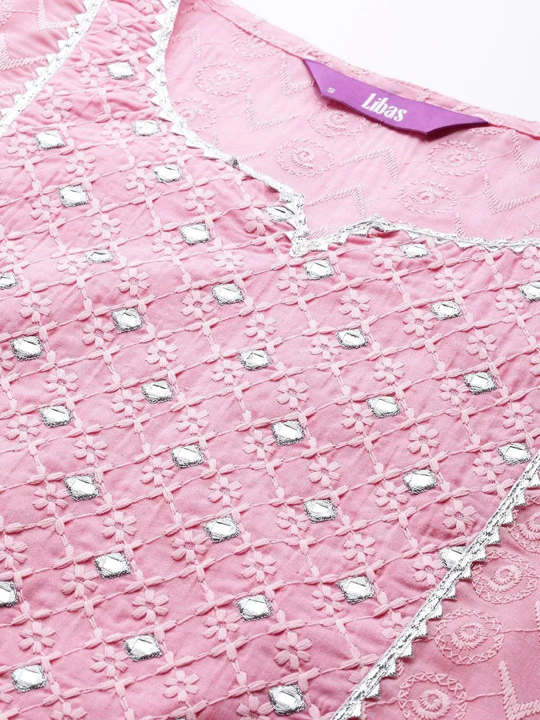 Pink Embroidered Cotton Kurta - Libas 