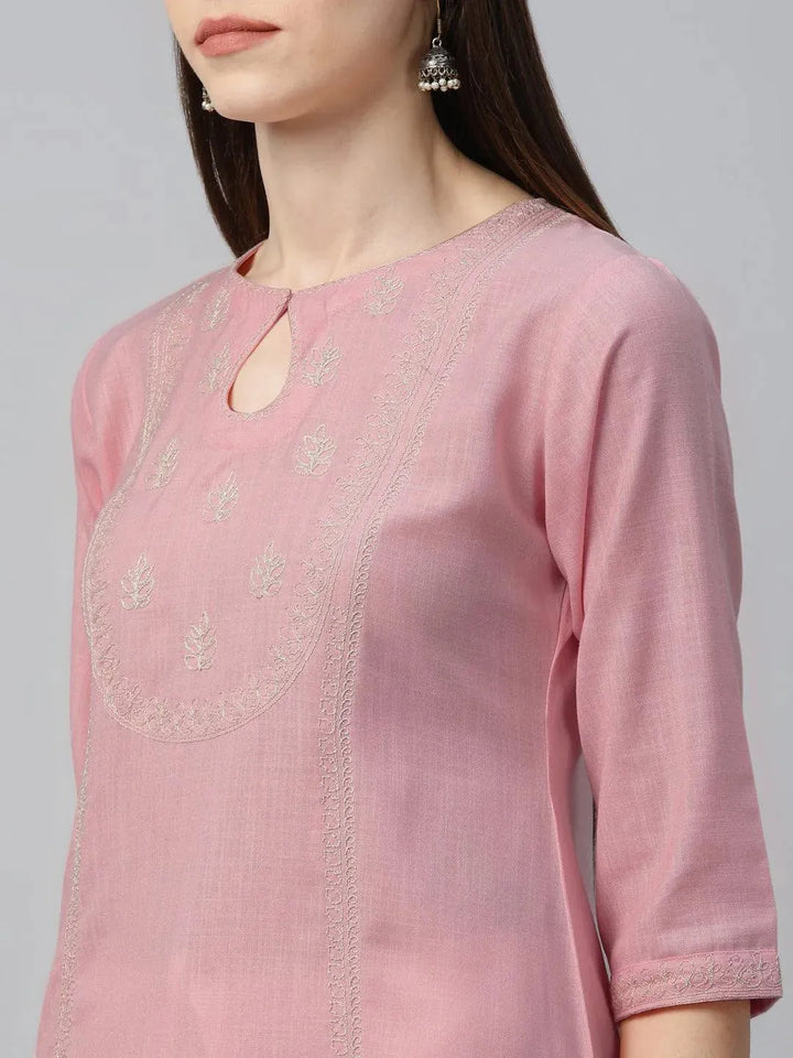 Pink Embroidered Cotton Kurta - Libas