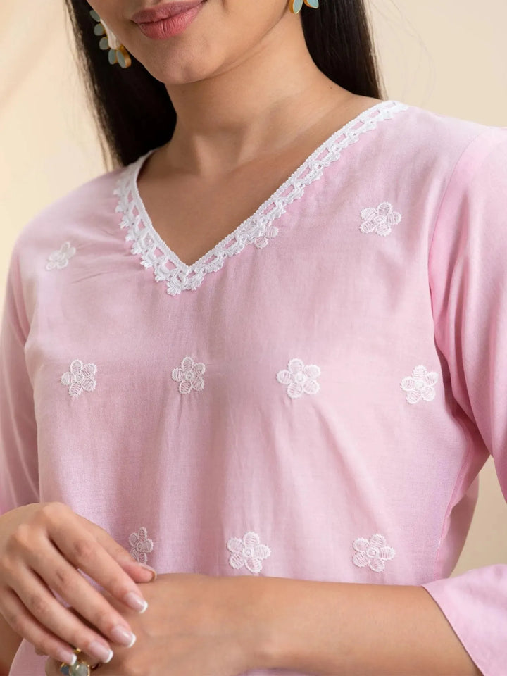 Pink Embroidered Cotton Kurta - Libas