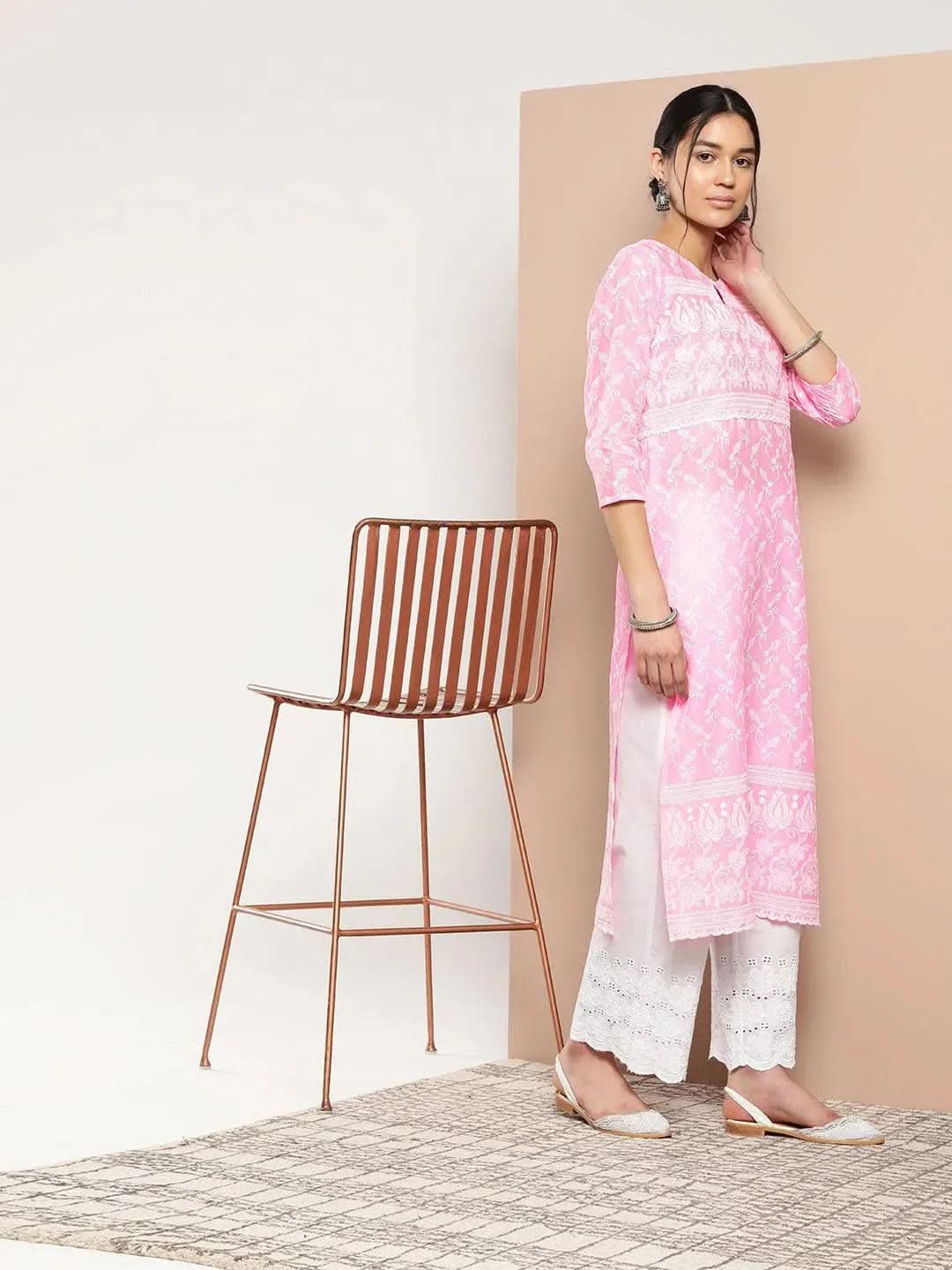 

Pink Embroidered Cotton Straight Kurta