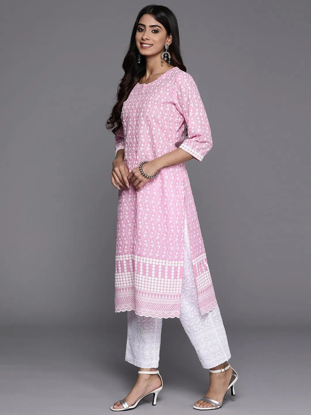 Pink Embroidered Cotton Straight Kurta - Libas 