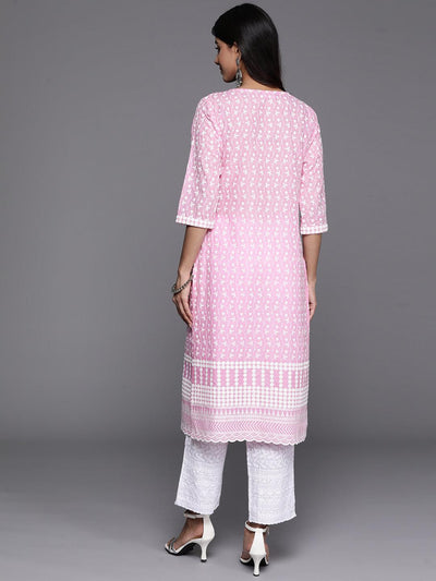 Pink Embroidered Cotton Straight Kurta - Libas