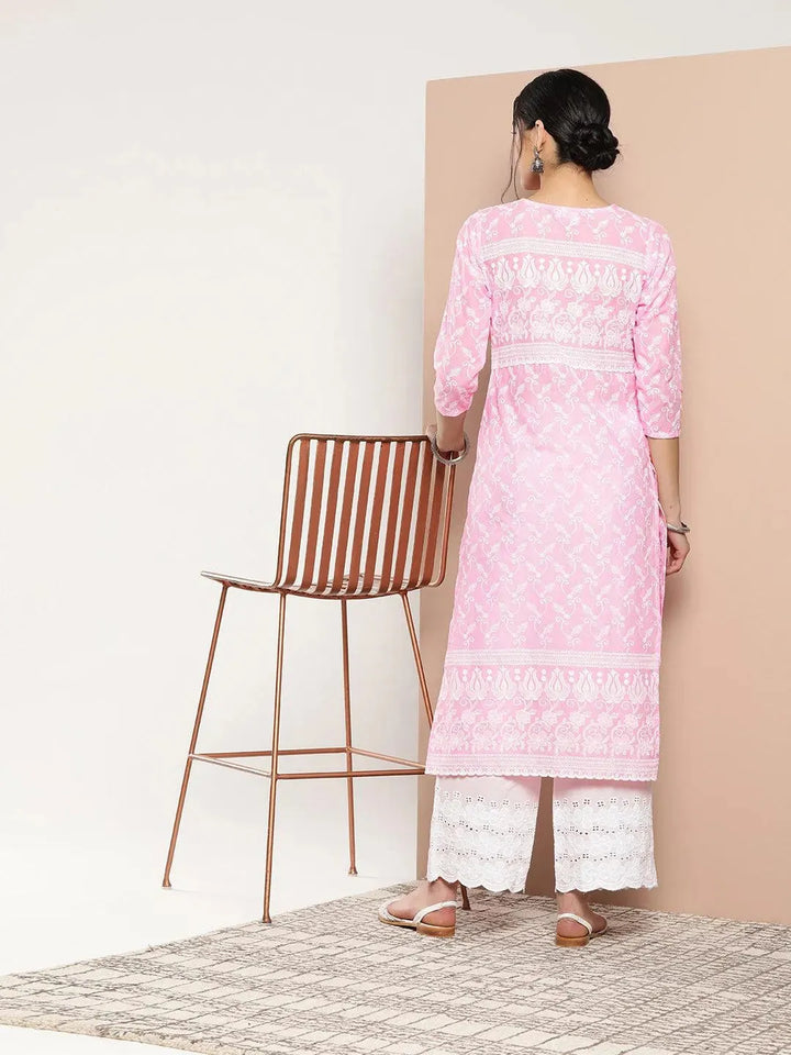 Pink Embroidered Cotton Straight Kurta - Libas