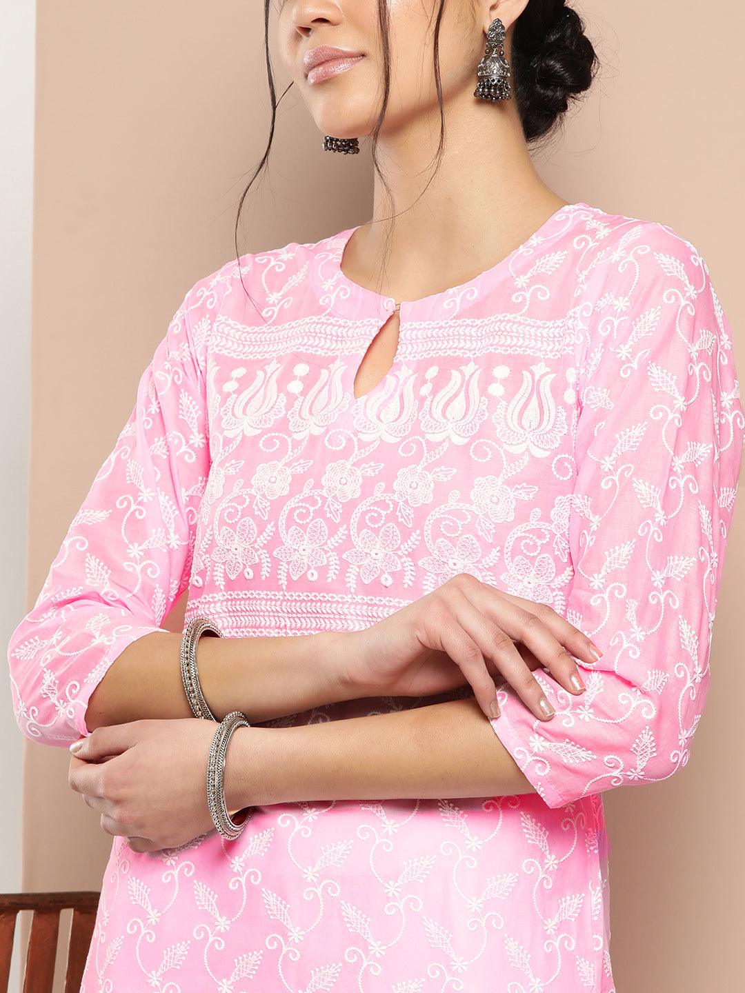 Pink Embroidered Cotton Straight Kurta
