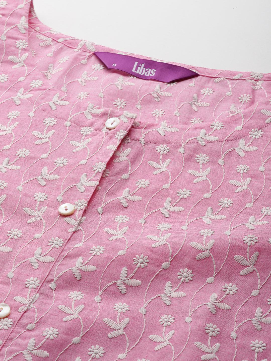 Pink Embroidered Cotton Straight Kurta - Libas