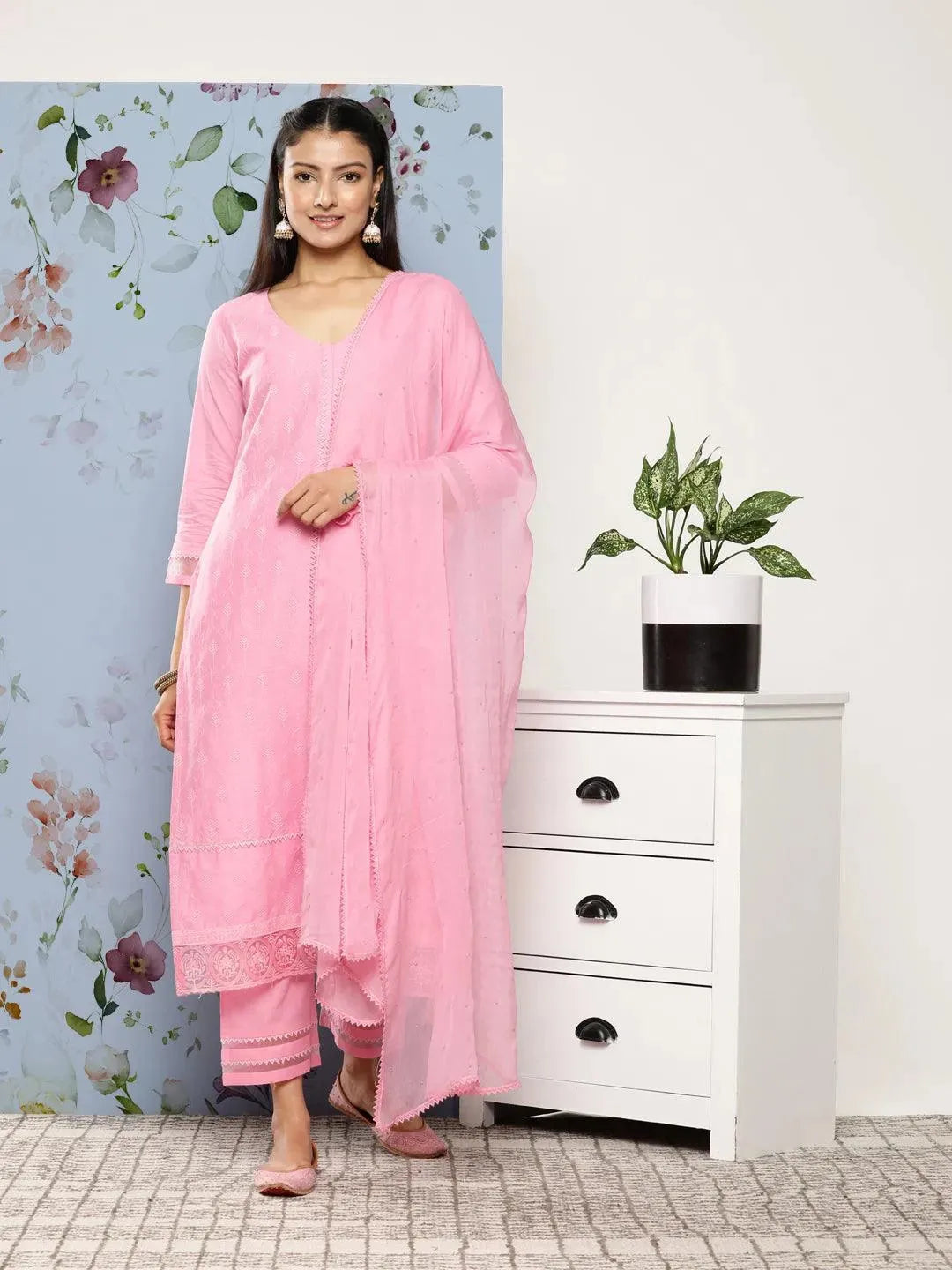 Pink Embroidered Cotton Suit Set With Trousers - Libas