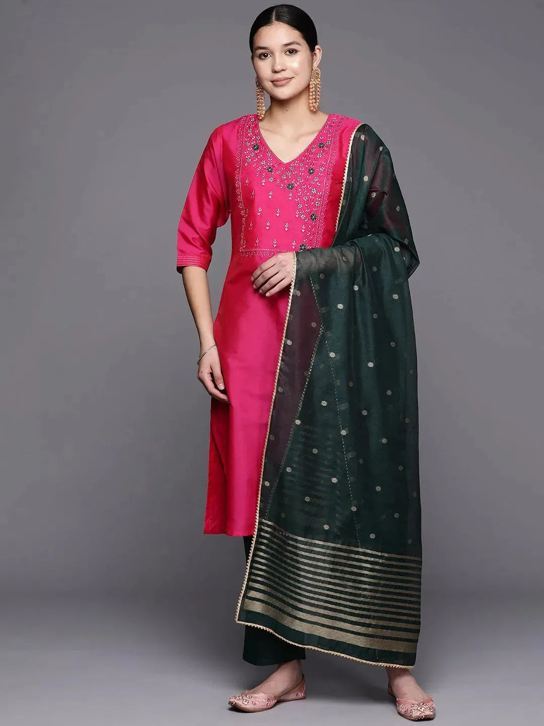 Pink Embroidered Cotton Straight Suit Set With Trousers - Libas