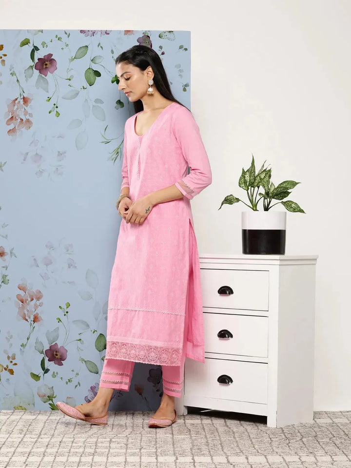 Pink Embroidered Cotton Suit Set With Trousers - Libas