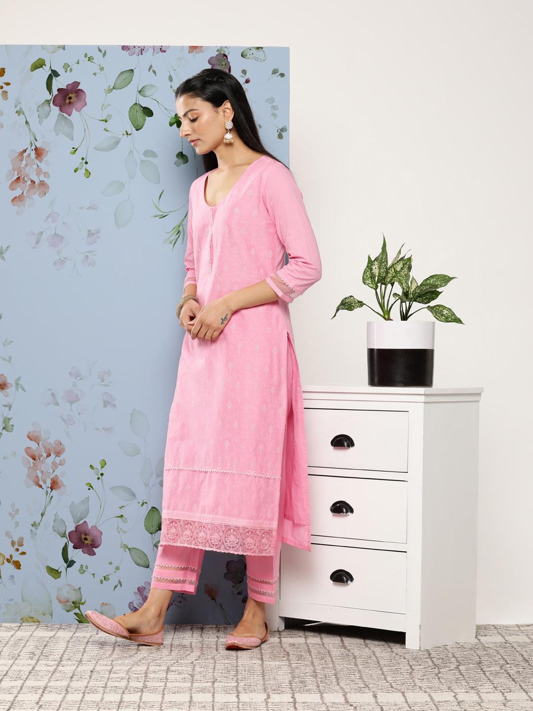 Pink Embroidered Cotton Suit Set With Trousers - Libas