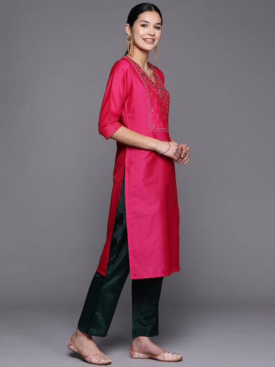 Pink Embroidered Cotton Straight Suit Set With Trousers - Libas