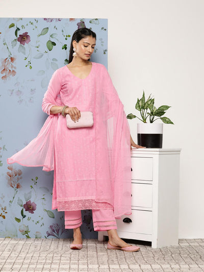 Pink Embroidered Cotton Suit Set With Trousers - Libas