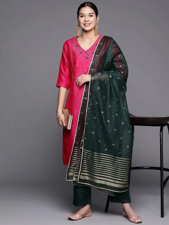 Pink Embroidered Cotton Straight Suit Set With Trousers - Libas