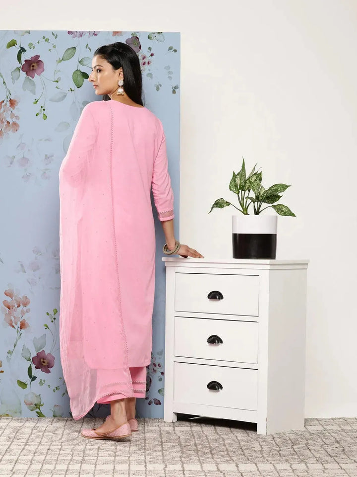 Pink Embroidered Cotton Suit Set With Trousers - Libas
