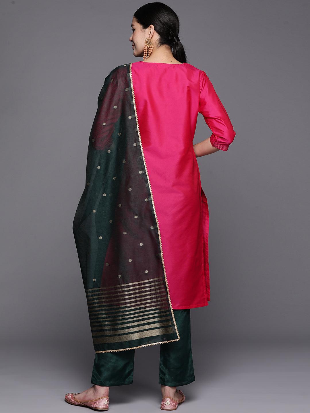 Pink Embroidered Cotton Straight Suit Set With Trousers - Libas