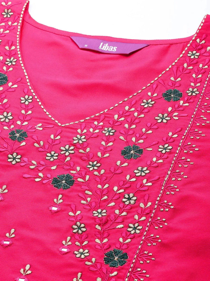 Pink Embroidered Cotton Straight Suit Set With Trousers - Libas