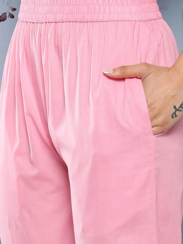 Pink Embroidered Cotton Suit Set With Trousers - Libas
