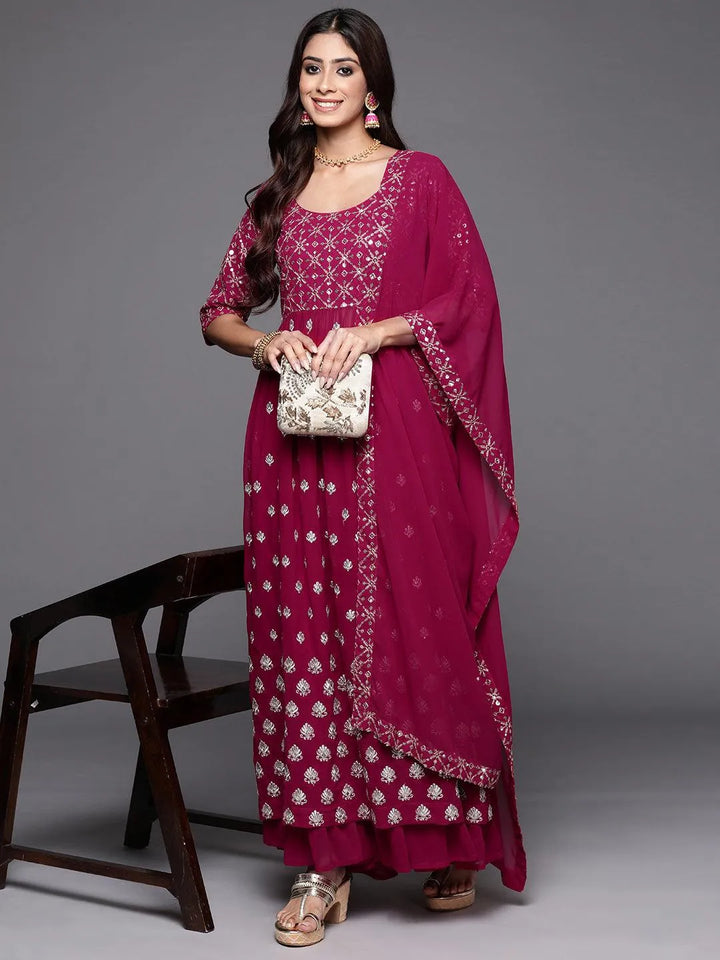 Pink Embroidered Georgette A-Line Kurta With Palazzos & Dupatta - Libas