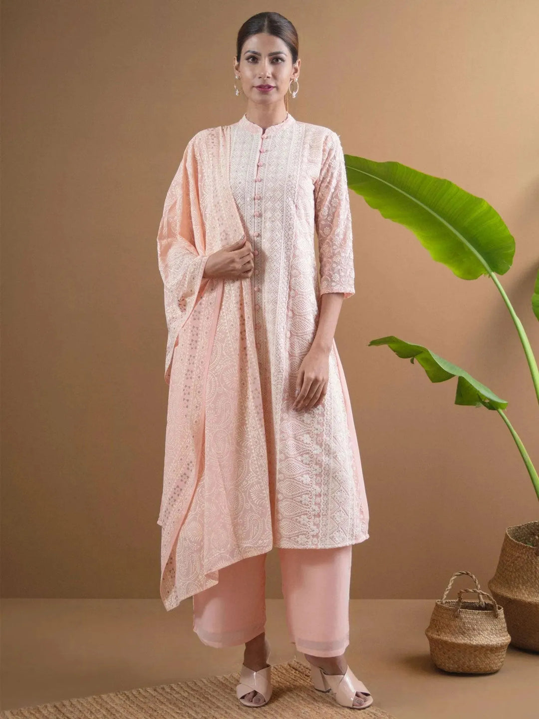 ANAYA Pink Embroidered Georgette Suit Set - Libas