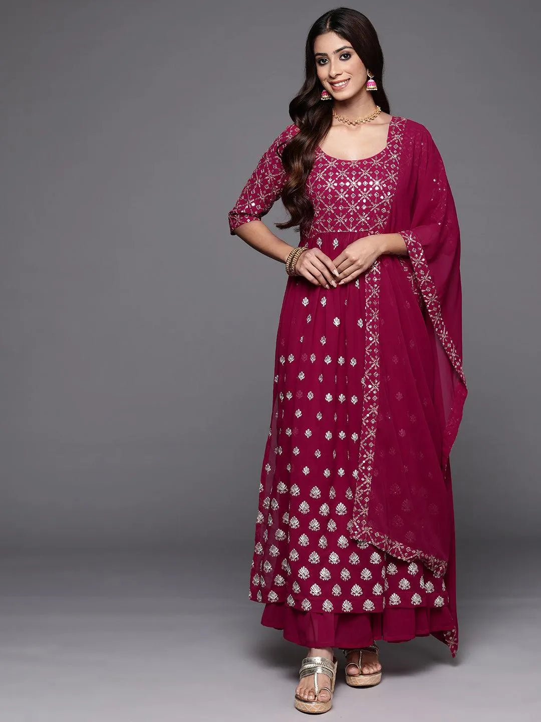 Pink Embroidered Georgette A-Line Kurta With Palazzos & Dupatta - Libas 