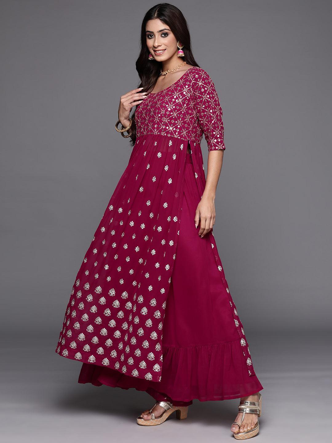 Pink Embroidered Georgette A-Line Kurta With Palazzos & Dupatta
